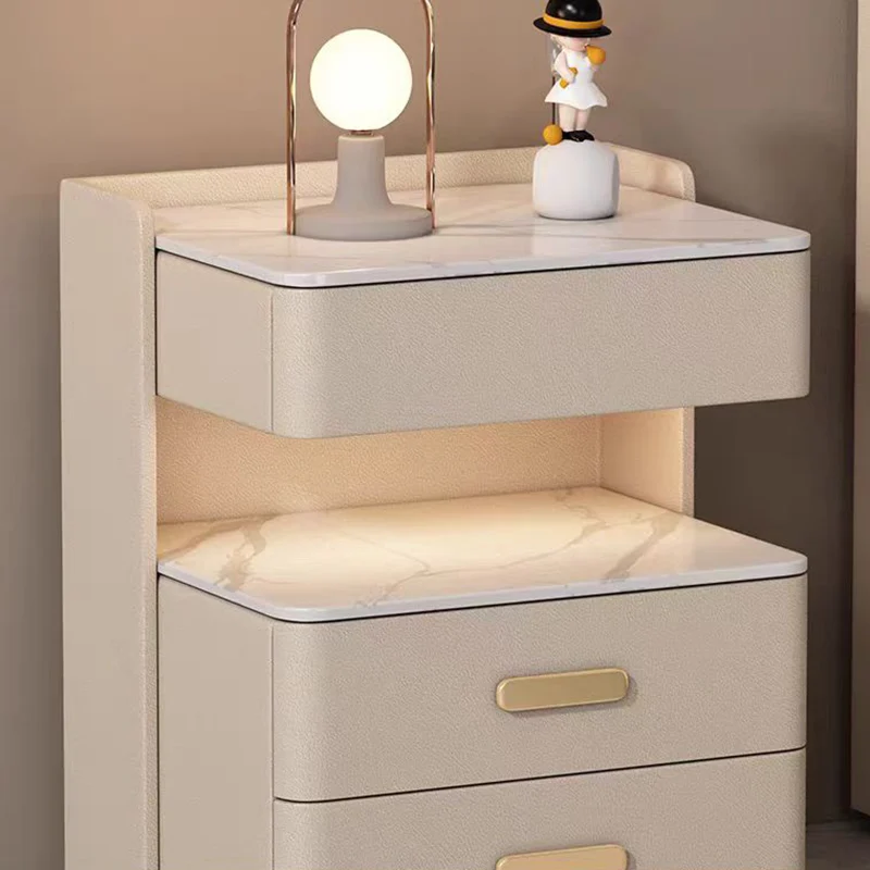 Contemporary Nordic Square Cube Pine Faux Leather Rock Board Sensor Light Safe Nightstand 3 - Drawer For Bedroom