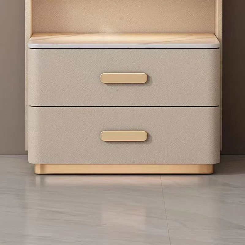 Contemporary Nordic Square Cube Pine Faux Leather Rock Board Sensor Light Safe Nightstand 3 - Drawer For Bedroom