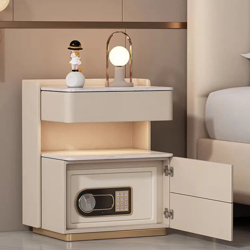 Contemporary Nordic Square Cube Pine Faux Leather Rock Board Sensor Light Safe Nightstand 3 - Drawer For Bedroom