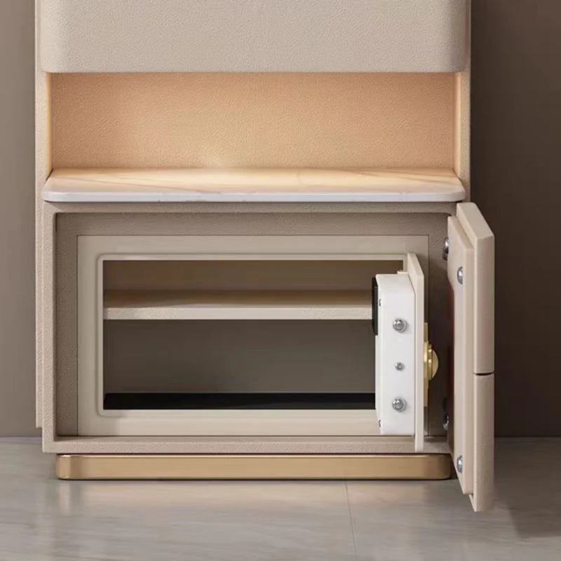 Contemporary Nordic Square Cube Pine Faux Leather Rock Board Sensor Light Safe Nightstand 3 - Drawer For Bedroom