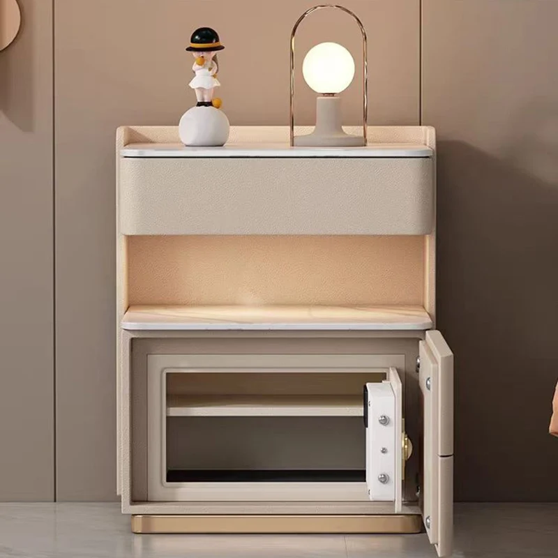 Contemporary Nordic Square Cube Pine Faux Leather Rock Board Sensor Light Safe Nightstand 3 - Drawer For Bedroom