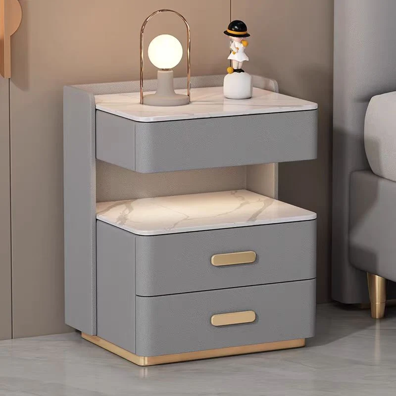 Contemporary Nordic Square Cube Pine Faux Leather Rock Board Sensor Light Safe Nightstand 3 - Drawer For Bedroom