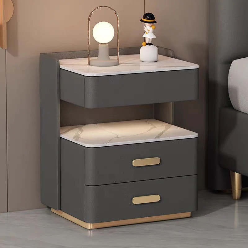 Contemporary Nordic Square Cube Pine Faux Leather Rock Board Sensor Light Safe Nightstand 3 - Drawer For Bedroom