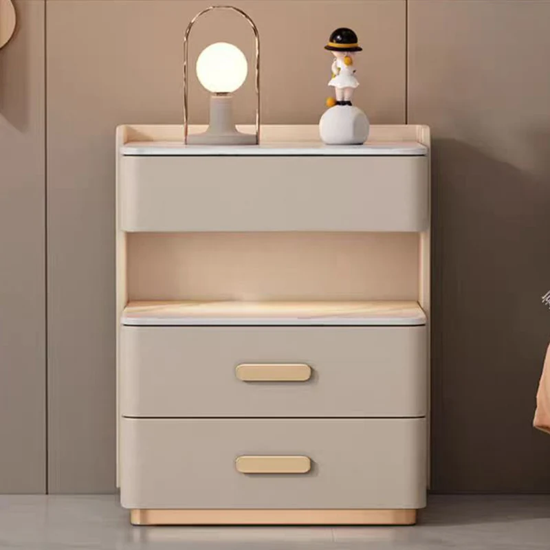 Contemporary Nordic Square Cube Pine Faux Leather Rock Board Sensor Light Safe Nightstand 3 - Drawer For Bedroom
