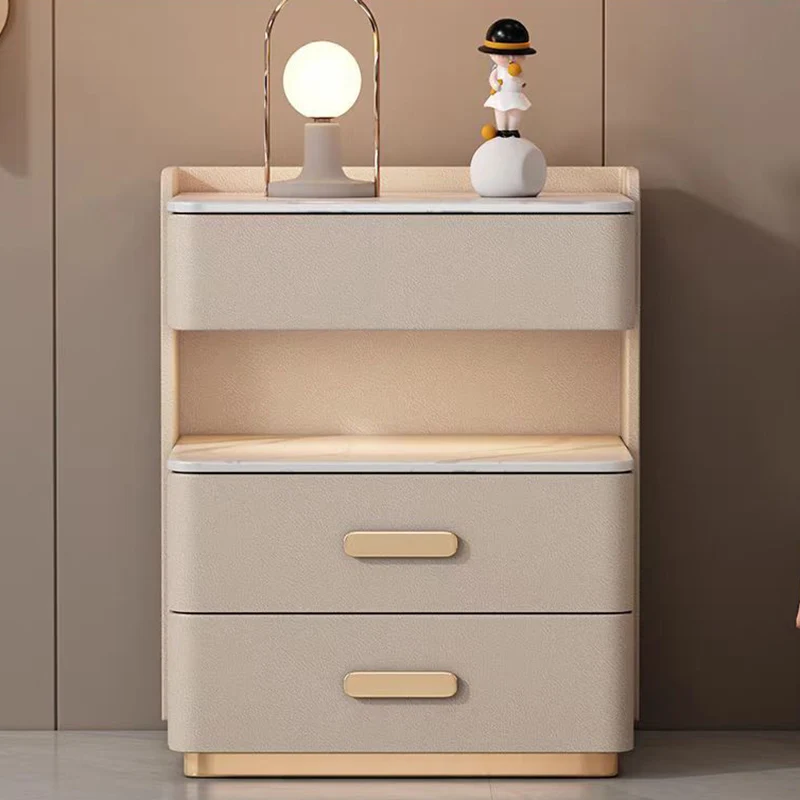 Contemporary Nordic Square Cube Pine Faux Leather Rock Board Sensor Light Safe Nightstand 3 - Drawer For Bedroom