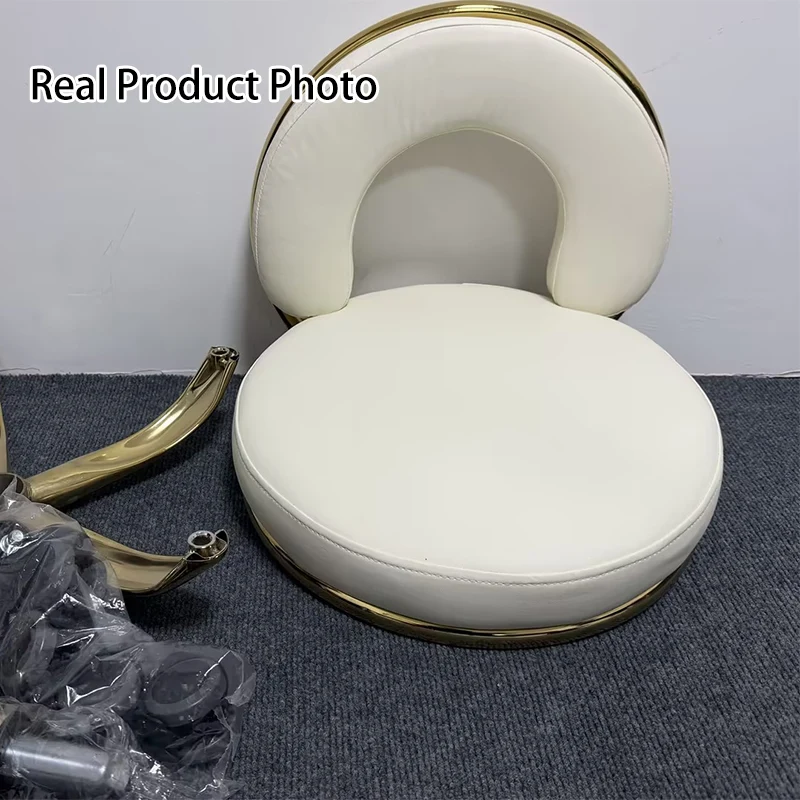 Contemporary Scandinavian Round Cushion Hollow Iron Faux Nappa Leather Vanity Stool Backrest Armless For Bedroom