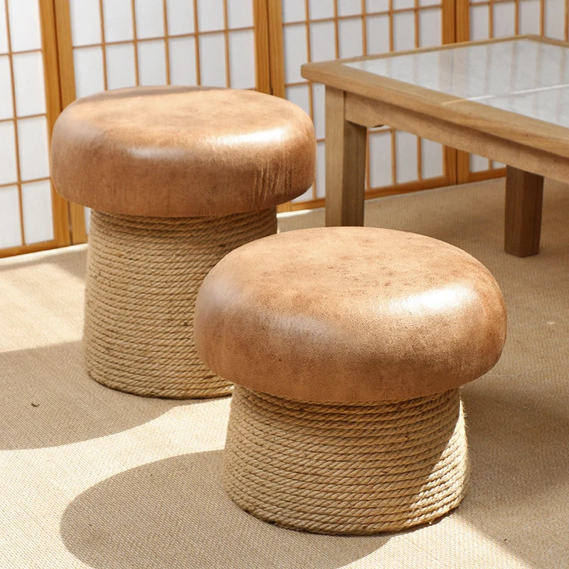 Traditional Japanese Mushroom Poplar Wood Synthetic Fabric Hemp Rope Footstool Backless Armless For Living Room