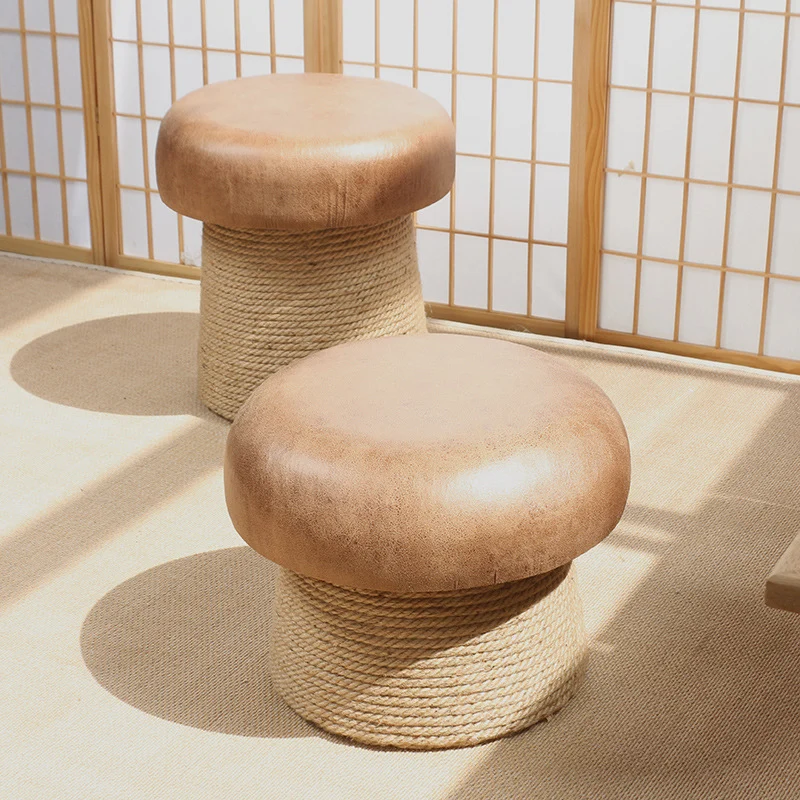 Traditional Japanese Mushroom Poplar Wood Synthetic Fabric Hemp Rope Footstool Backless Armless For Living Room