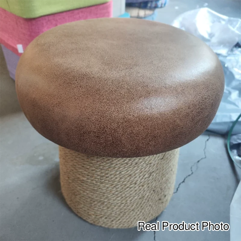 Traditional Japanese Mushroom Poplar Wood Synthetic Fabric Hemp Rope Footstool Backless Armless For Living Room