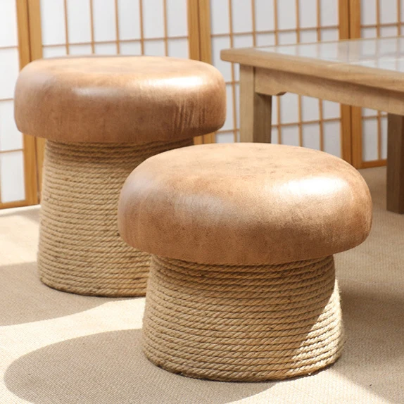 Traditional Japanese Mushroom Poplar Wood Synthetic Fabric Hemp Rope Footstool Backless Armless For Living Room