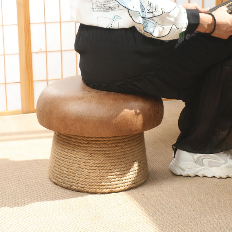 Traditional Japanese Mushroom Poplar Wood Synthetic Fabric Hemp Rope Footstool Backless Armless For Living Room