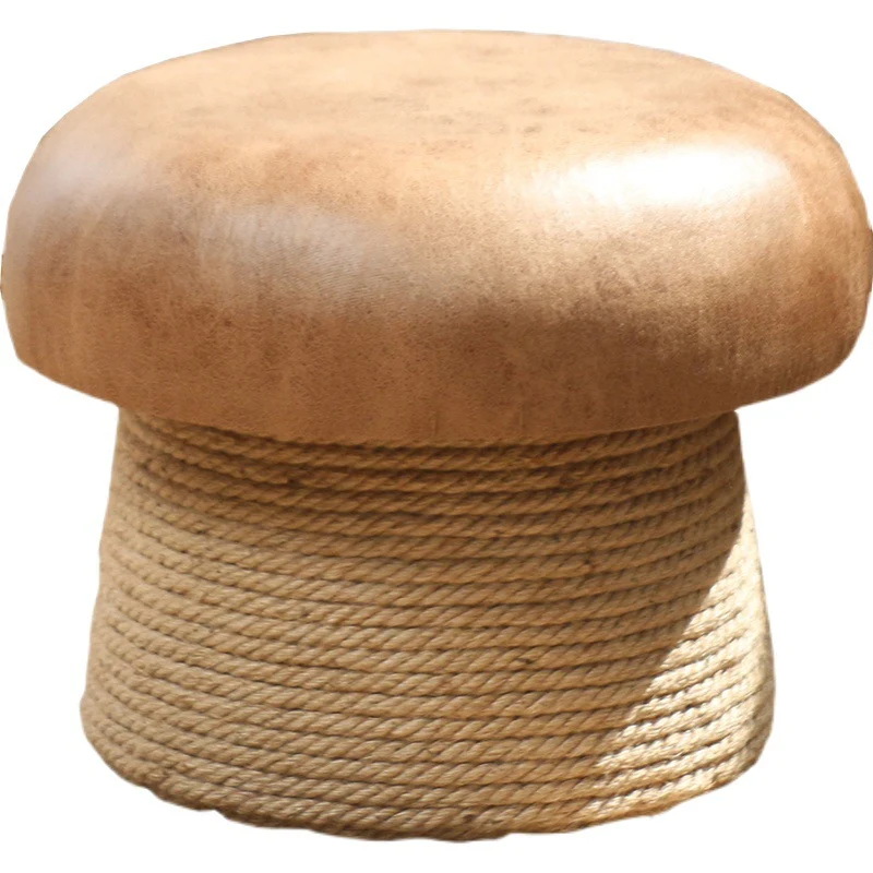 Traditional Japanese Mushroom Poplar Wood Synthetic Fabric Hemp Rope Footstool Backless Armless For Living Room