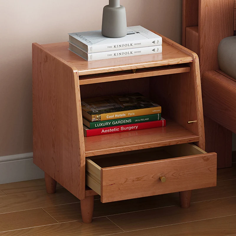Traditional Vintage Trapezoidal Rubberwood Rattan Pine Plywood Nightstand 1-Storage 1-Drawer For Bedroom