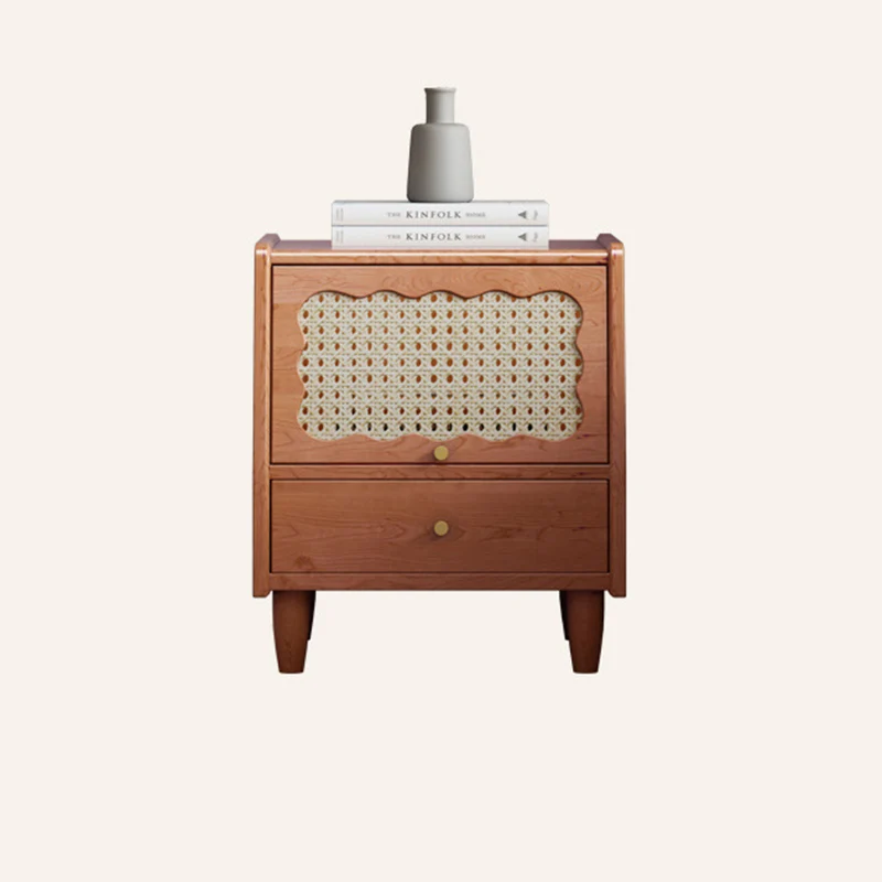 Traditional Vintage Trapezoidal Rubberwood Rattan Pine Plywood Nightstand 1-Storage 1-Drawer For Bedroom