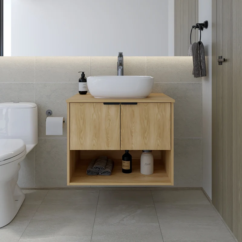 Combo Lavamanos Castel II, Fresno Europeo, Incluye Lavamanos en Porcelana Sanitaria y Grifería Alta Titanio