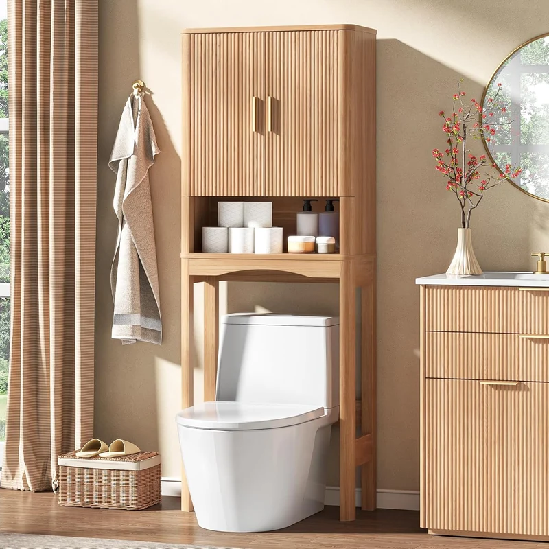 Vabches Farmhouse Over the Toilet Storage Cabinet with 2 Fluted Doors