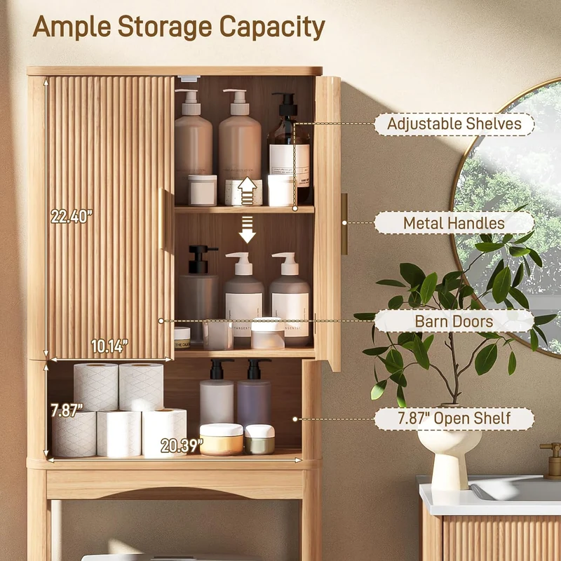 Vabches Farmhouse Over the Toilet Storage Cabinet with 2 Fluted Doors