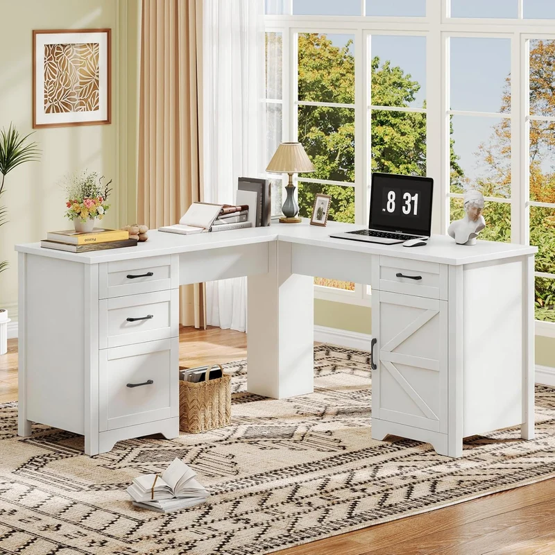 59in L Shaped Farmhouse Executive Desk with File Drawer