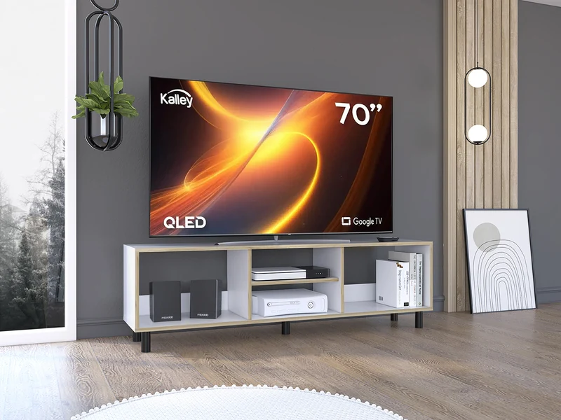 Mueble Multiusos Túnez, Blanco y Café Claro para Televisor hasta 70 Pulgadas