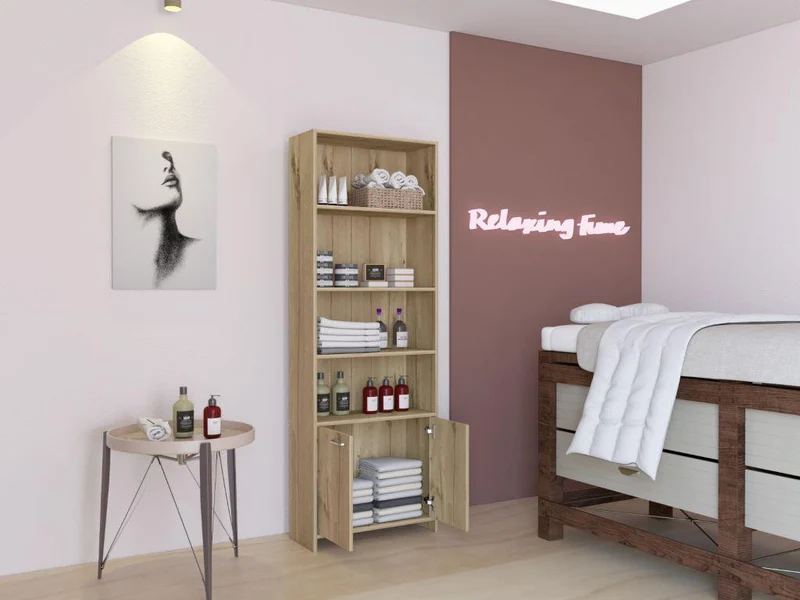 Mueble Multiusos Milán, Café Claro, con Dos Puertas Abatibles y Cuatro Entrepaños