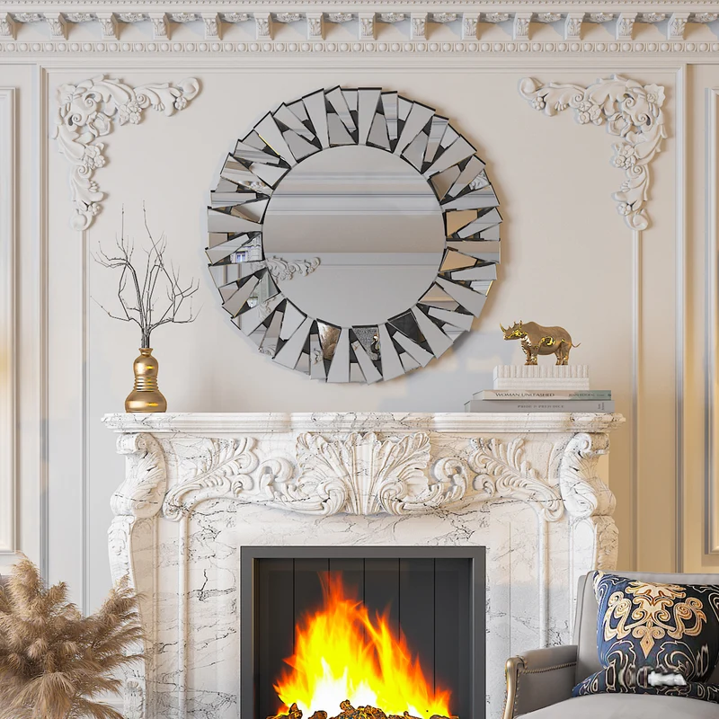 31.5” Round Wall-mounted Sunburst Mirror Silver Glass Accent Mirror for Living Room