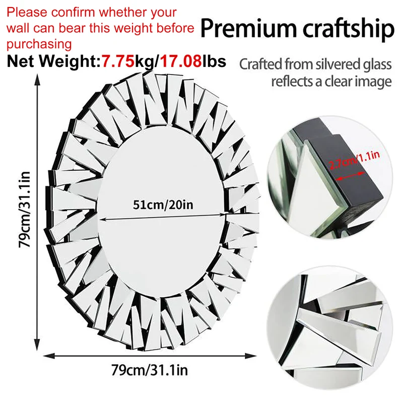 31.5” Round Wall-mounted Sunburst Mirror Silver Glass Accent Mirror for Living Room