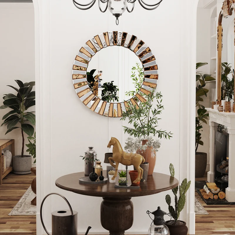 Contemporary Decorative Wall Mirror Round Starburst Mirror w/ Glass Beveled Edge for Living Room