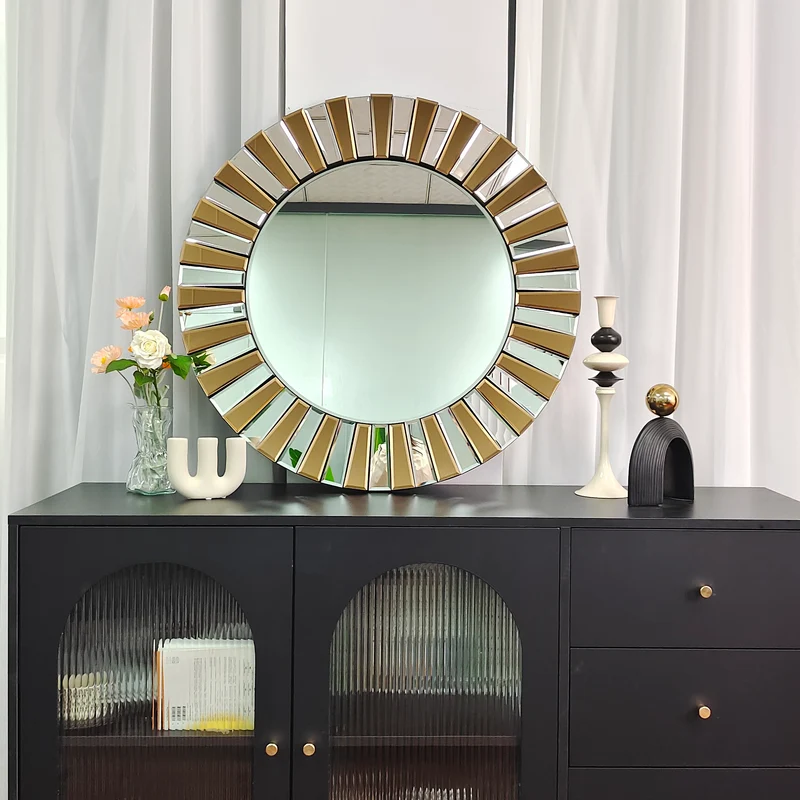Contemporary Decorative Wall Mirror Round Starburst Mirror w/ Glass Beveled Edge for Living Room