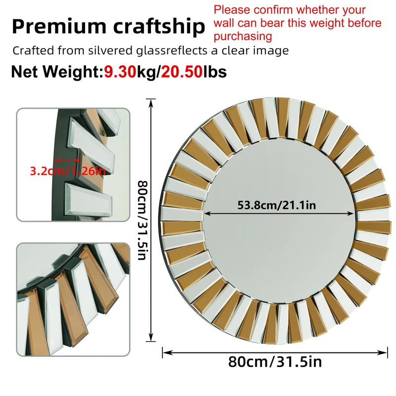 Contemporary Decorative Wall Mirror Round Starburst Mirror w/ Glass Beveled Edge for Living Room