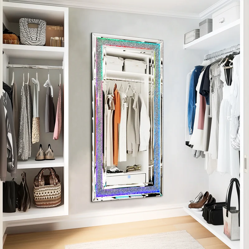 Full Length Mirror with RGB Lights Wall Hanging Mirror Crush Diamond Inlay for Living Room, Bedrooms, Cloakrooms