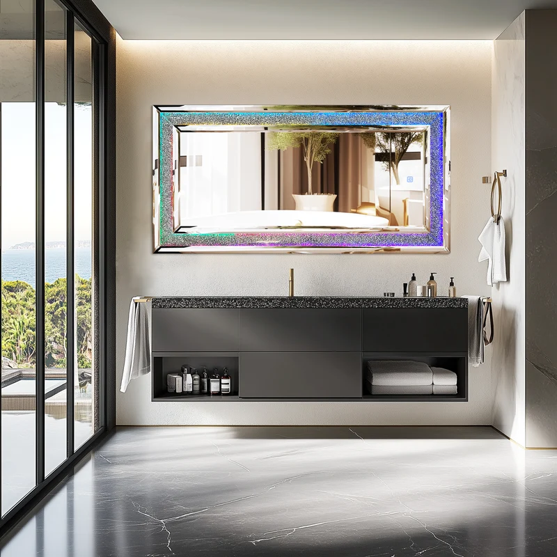 Full Length Mirror with RGB Lights Wall Hanging Mirror Crush Diamond Inlay for Living Room, Bedrooms, Cloakrooms