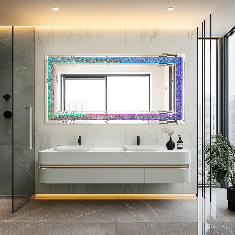 Full Length Mirror with RGB Lights Wall Hanging Mirror Crush Diamond Inlay for Living Room, Bedrooms, Cloakrooms