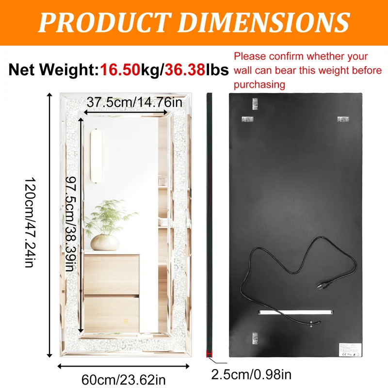 Full Length Mirror with RGB Lights Wall Hanging Mirror Crush Diamond Inlay for Living Room, Bedrooms, Cloakrooms