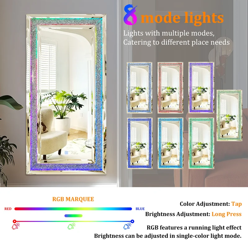 Full Length Mirror with RGB Lights Wall Hanging Mirror Crush Diamond Inlay for Living Room, Bedrooms, Cloakrooms