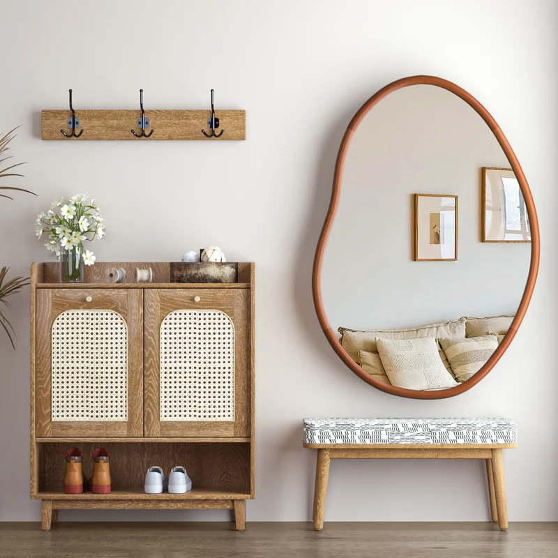 Mid Century Asymmetrical Wall Mirror Wood Frame Irregular Wall Mirror