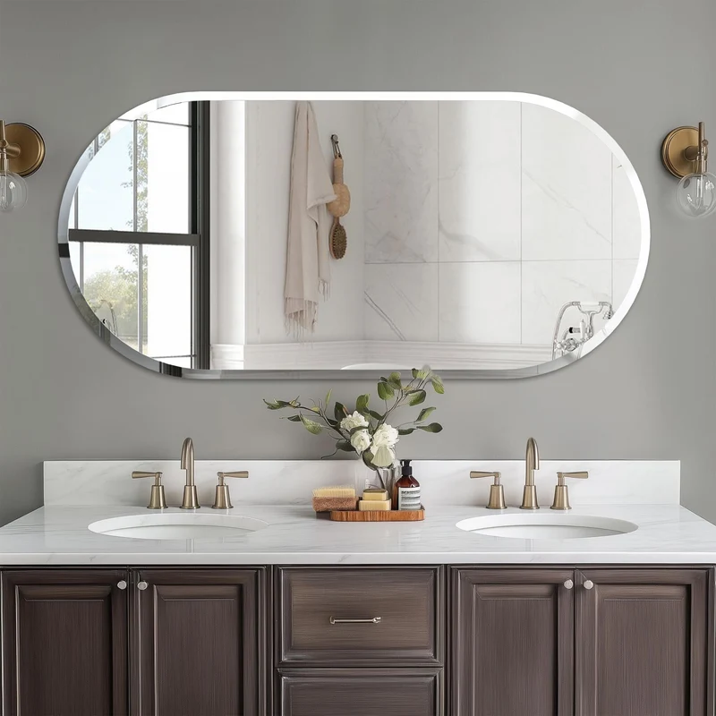 Long Oval Wall Hanging Glass Mirror with Beveled Edge