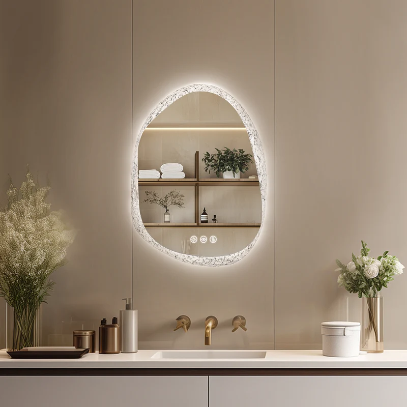 LUVODI Irregular Crystal Glass Wall Lighted Bathroom Mirror with Backlit Dimmable LED Vanity Mirror