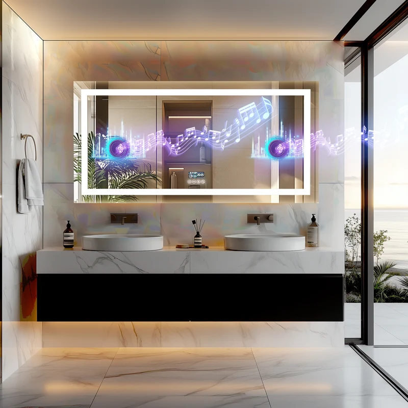 LUVODI LED Rectangular Bluetooth Mirror with Smart Display Horizontal Hanging