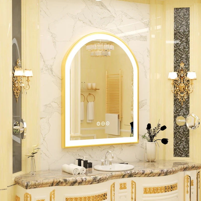 LUVODI Arched LED Bathroom Mirror with Gold Aluminum Alloy Narrow Frame Defogging 3 Color