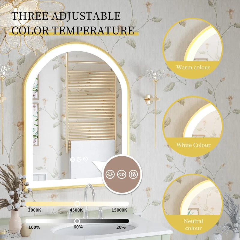 LUVODI Arched LED Bathroom Mirror with Gold Aluminum Alloy Narrow Frame Defogging 3 Color