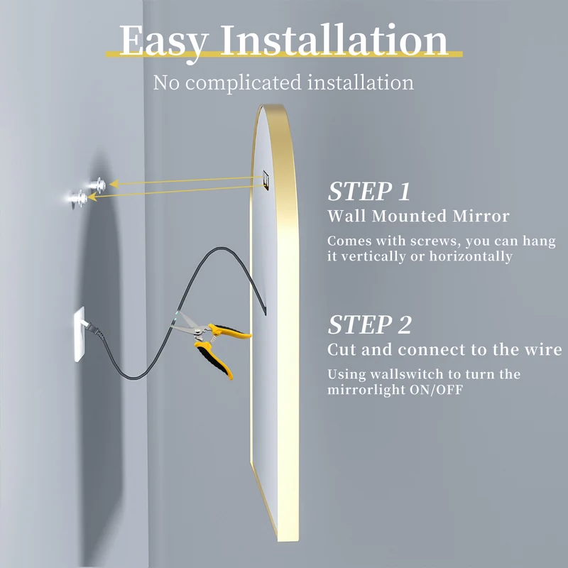 LUVODI Arched LED Bathroom Mirror with Gold Aluminum Alloy Narrow Frame Defogging 3 Color