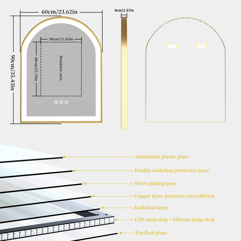 LUVODI Arched LED Bathroom Mirror with Gold Aluminum Alloy Narrow Frame Defogging 3 Color