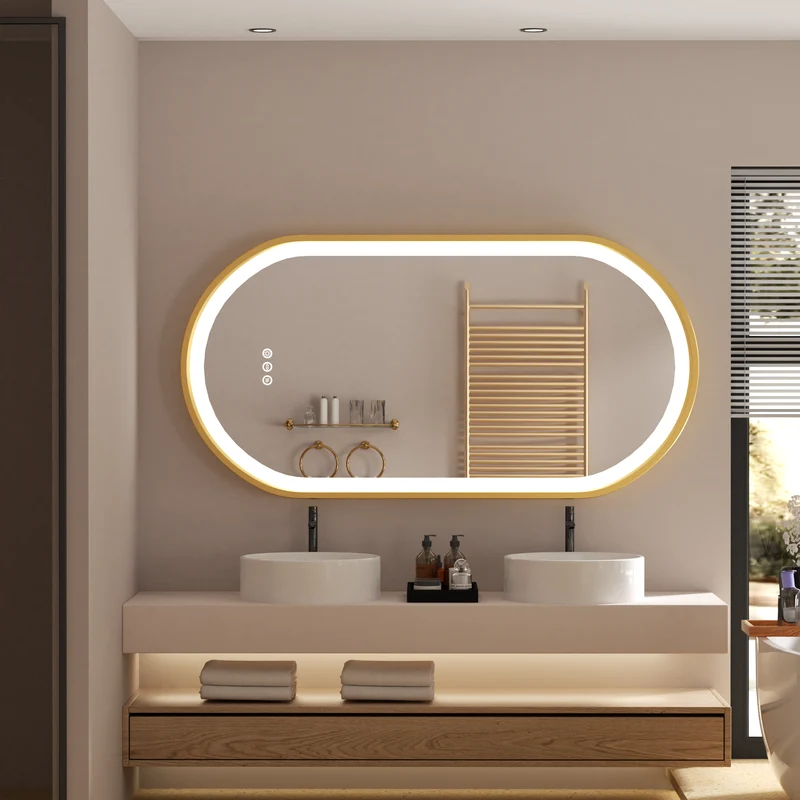 LUVODI Capsule Shape LED Bathroom Mirror with Gold Aluminum Alloy Narrow Frame Defogging 3 Color