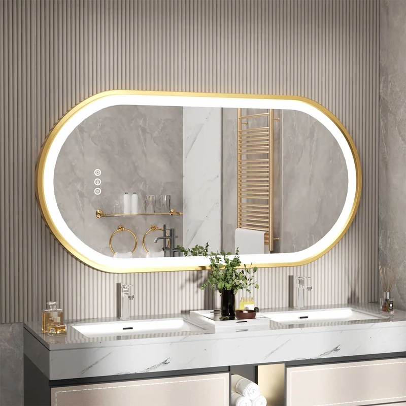 LUVODI Capsule Shape LED Bathroom Mirror with Gold Aluminum Alloy Narrow Frame Defogging 3 Color