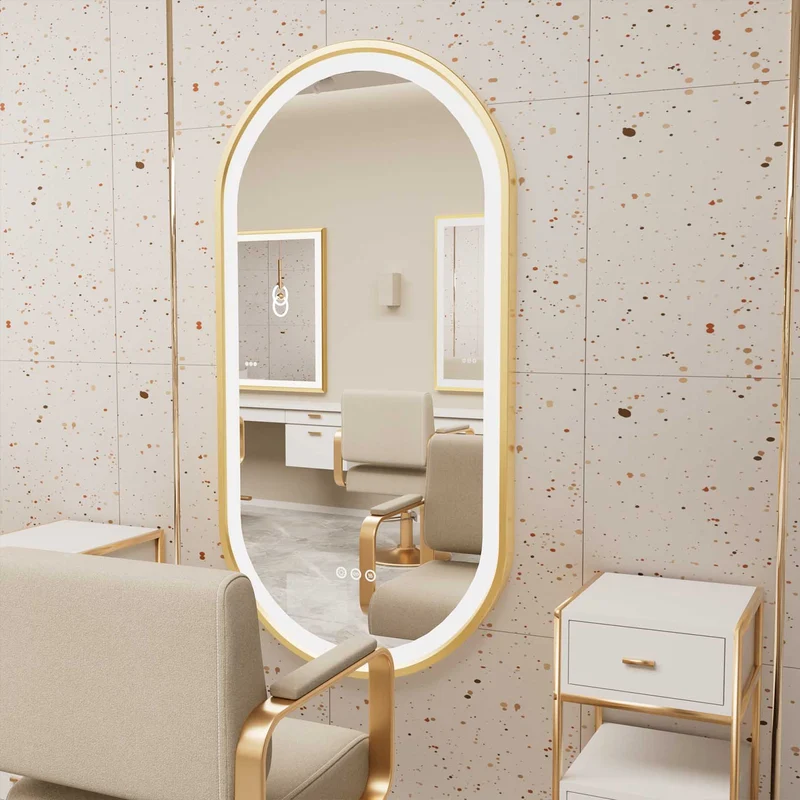 LUVODI Capsule Shape LED Bathroom Mirror with Gold Aluminum Alloy Narrow Frame Defogging 3 Color