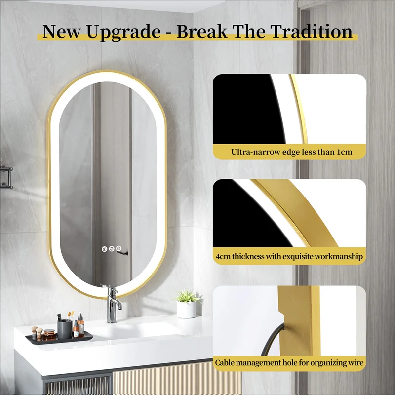 LUVODI Capsule Shape LED Bathroom Mirror with Gold Aluminum Alloy Narrow Frame Defogging 3 Color