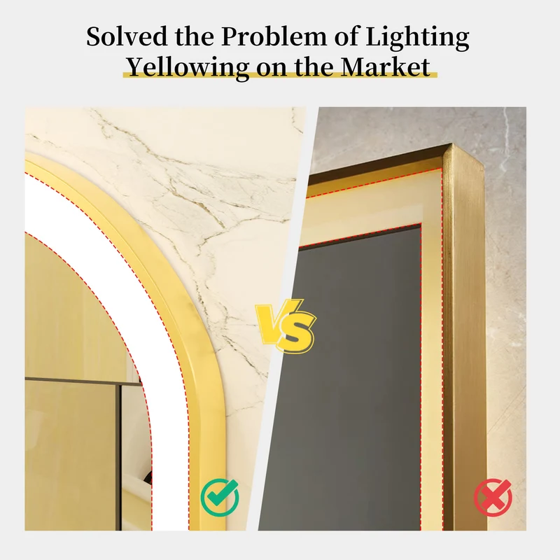 LUVODI Capsule Shape LED Bathroom Mirror with Gold Aluminum Alloy Narrow Frame Defogging 3 Color