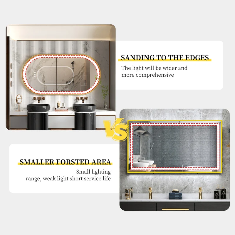 LUVODI Capsule Shape LED Bathroom Mirror with Gold Aluminum Alloy Narrow Frame Defogging 3 Color