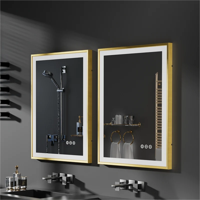 LUVODI Square LED Bathroom Mirror with Gold Aluminum Alloy Narrow Frame Defogging 3 Color