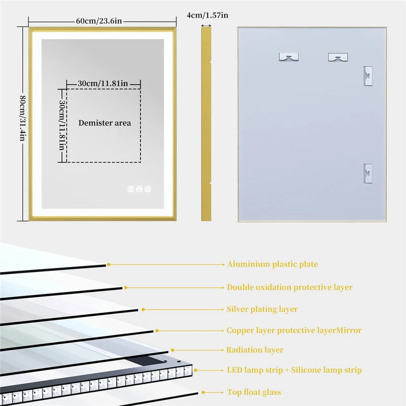 LUVODI Square LED Bathroom Mirror with Gold Aluminum Alloy Narrow Frame Defogging 3 Color